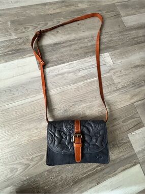 Patricia Nash Navy and Brown Embossed Leather Crossbody